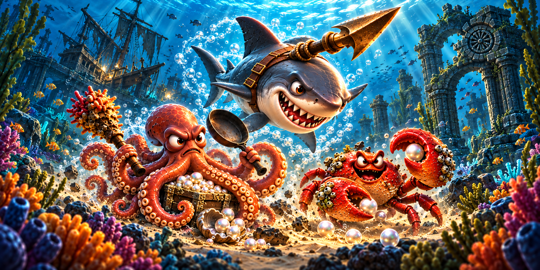 Bruce the shark, an octopus with a frying pan and a pearl-hoarding crab charging through a sunken reef