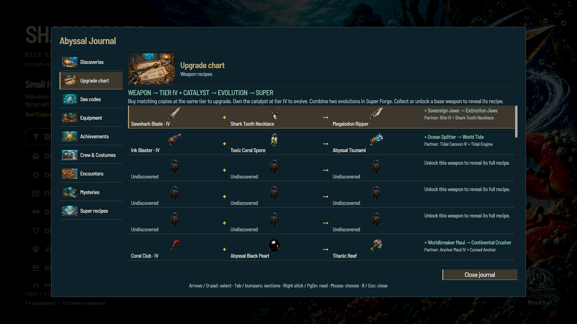 In-game Abyssal Journal showing weapon tiers, catalysts and evolution recipes