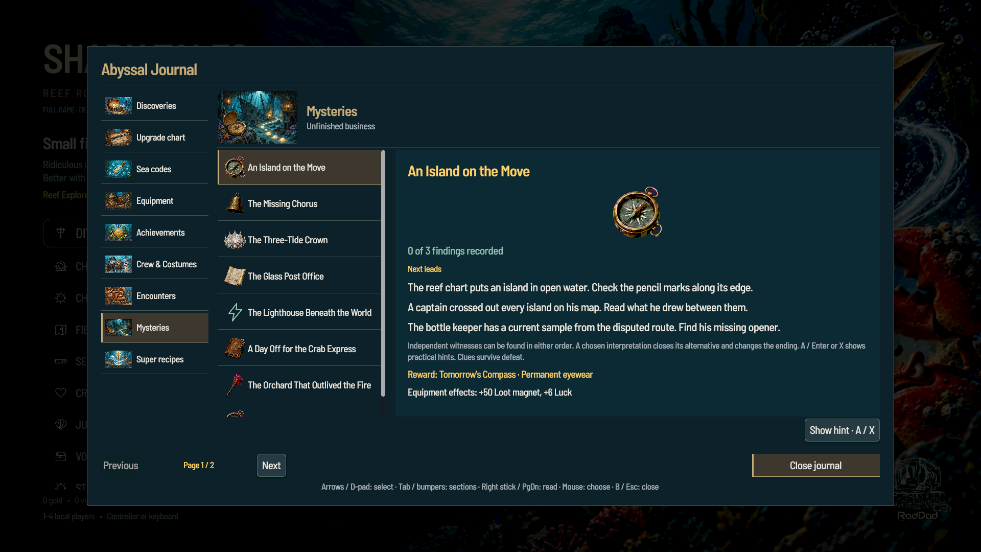 In-game mystery journal showing An Island on the Move, clues and permanent reward