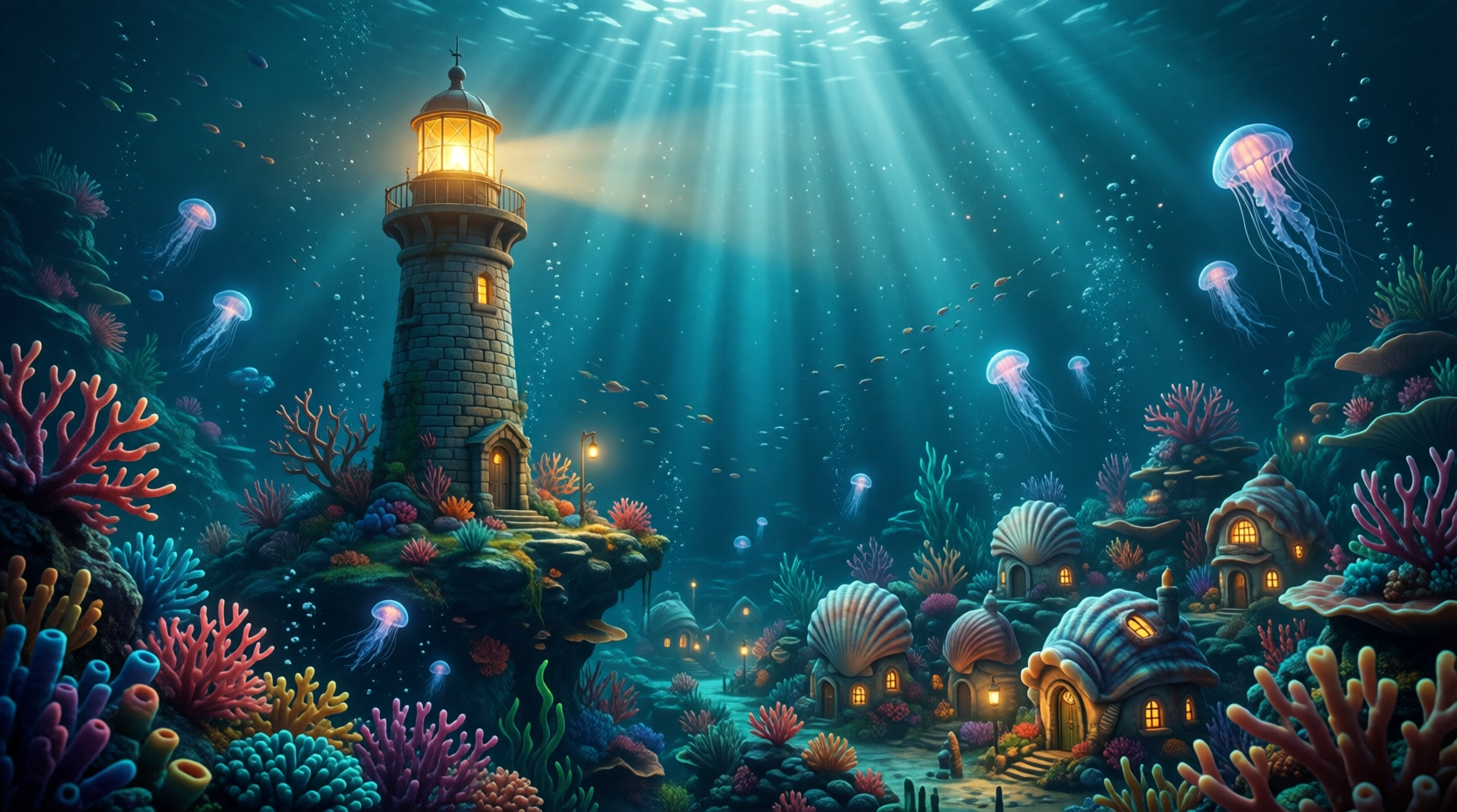An underwater lighthouse casts its warm beam over a village of shell houses and drifting jellyfish