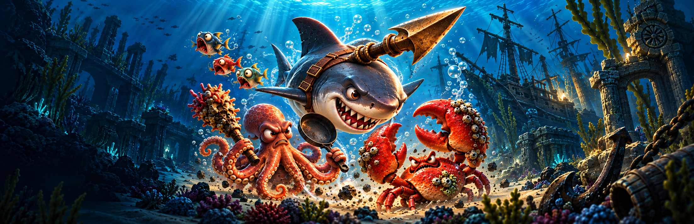 Shark, octopus and crab adventurers in an illustrated underwater world