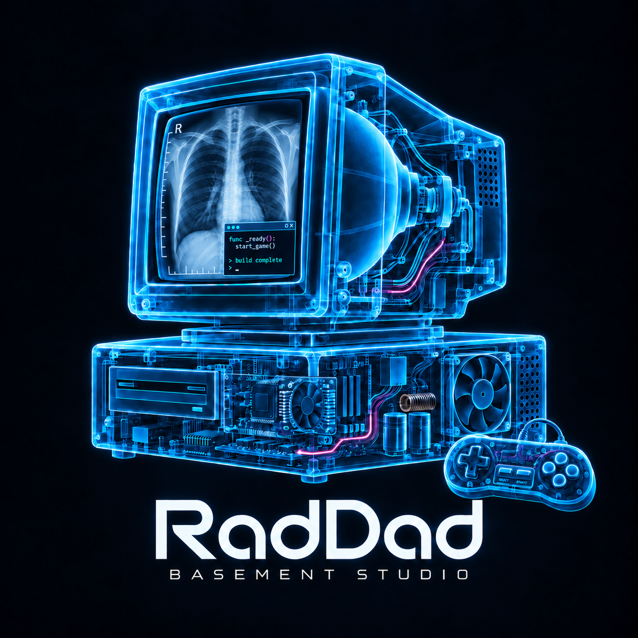 RadDad's glowing blue X-ray gaming emblem